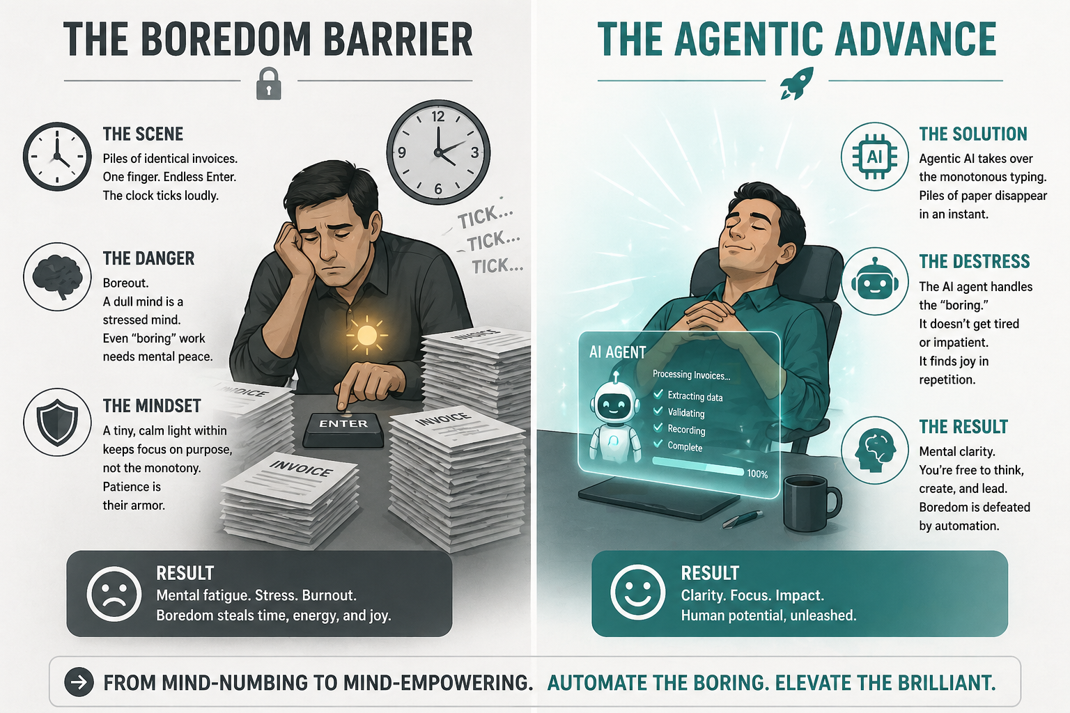Comparison: A worker suffering from manual data burnout vs. achieving mental clarity through Agentic AI automation.