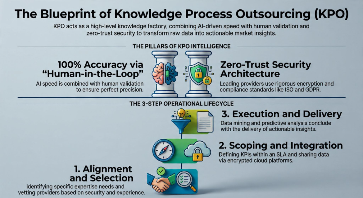 Infographic on KPO blueprint covering human validation, zero-trust security, and operational workflow stages.