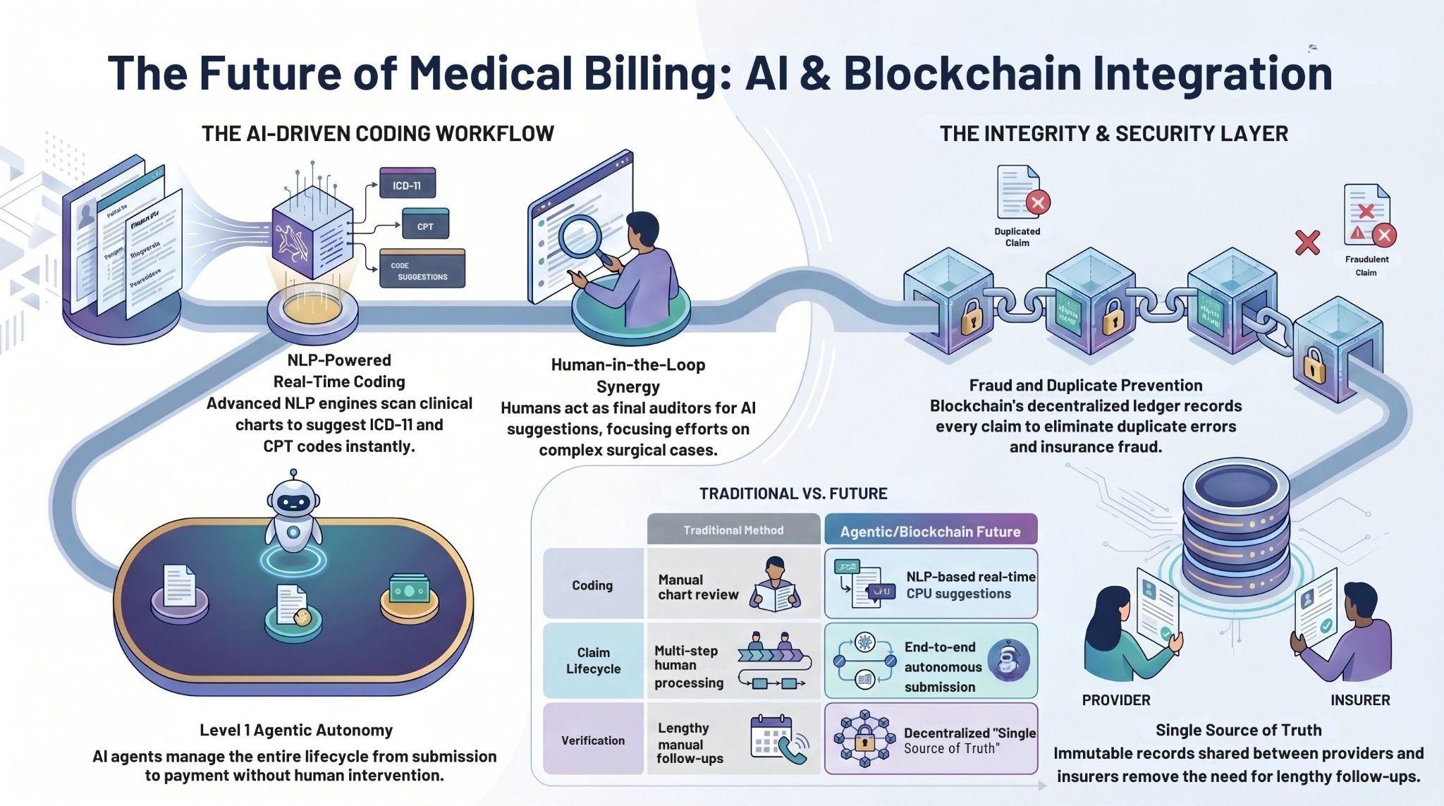 Infographic on the future of medical billing, featuring AI coding workflows and blockchain for security and integrity.