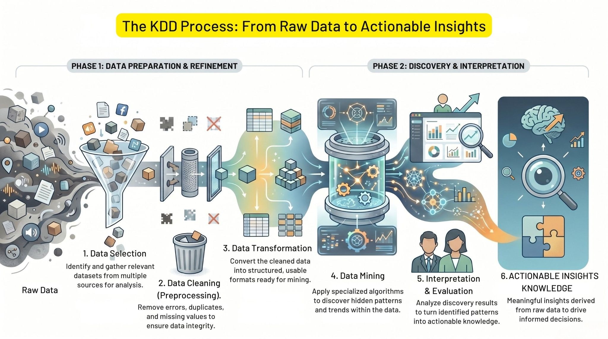 Infographic of the KDD process, showing 6 steps from raw data to actionable insights and knowledge discovery.