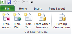 Excel Get External Data ribbon showing options to import data from Access, Web, Text, and other sources