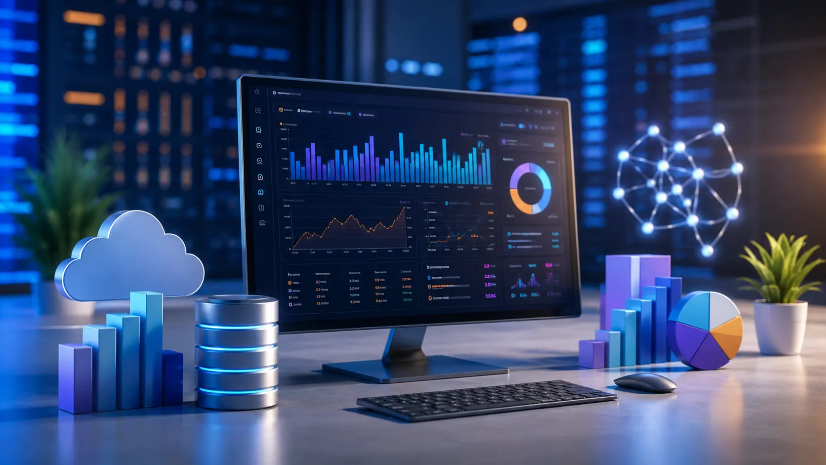 Enterprise analytics dashboard with cloud, database, charts, and data visualization in a modern digital workspace.
