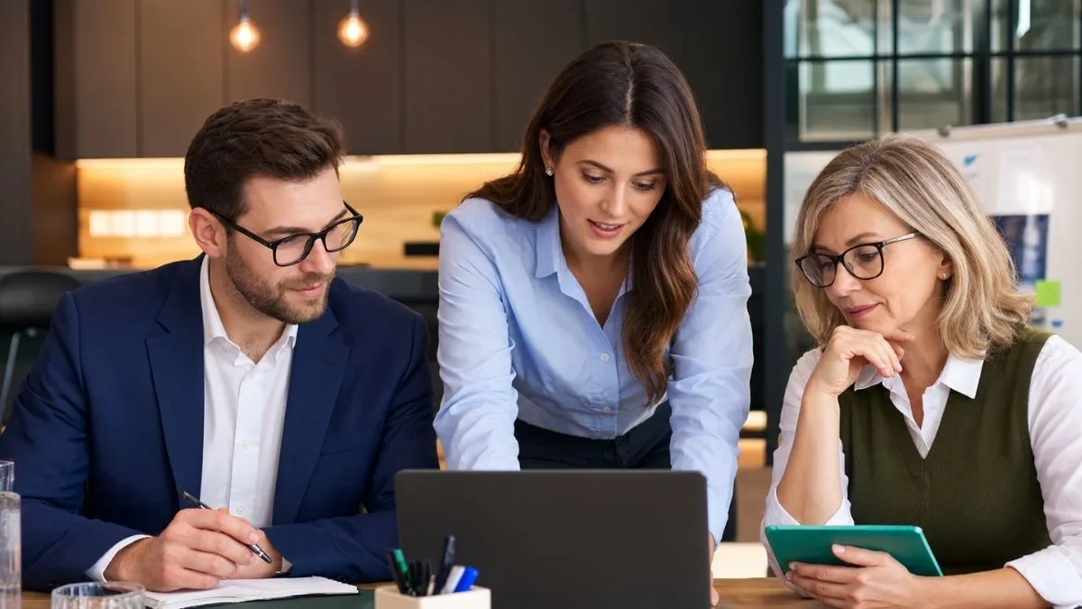 Three professionals analyzing market research data using digital tools in an office.